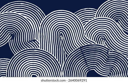 Abstract brush lines curvy wave pattern, Japanese zen garden hand drawn, wood carving texture background in white and blue, simple graphic for textile, carpet, decoration