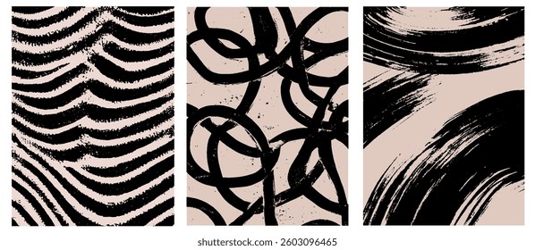 Abstract brush paint background set. Vintage grunge texture. Retro vector poster collection with geometric patterns and distressed details.
