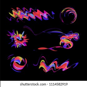 Abstract Brush Paint, Colorful Dynamic Design. Dynamic waves art, modern flow effect. Vector illustrations set on Black Background.