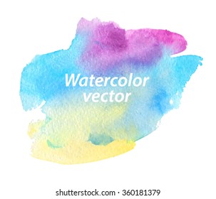 Abstract brush paint smear design element for decoration, template, banner, web, print. Colorful yellow blue violet pink watercolor hand drawn paper grain texture isolated stain on white background