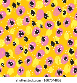 Abstract brush paint spot seamless pattern for background, fabric, textile, wrap, surface, web and print design. Yellow and pink hand drawn repeatable rapport.
