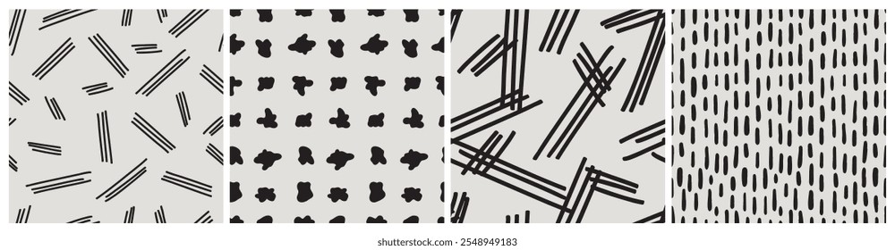 Abstract brush painting pattern seamless stroke set. Black and white modern paint line background collection monochrome. wallpaper print messy rough hand drawn texture collection. Vector illustration