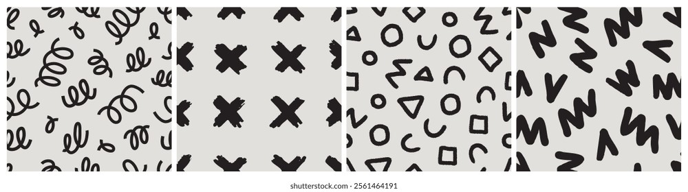 Abstract brush painting pattern seamless stroke set. Black and white modern paint line background collection monochrome. wallpaper print messy rough hand drawn texture collection. Vector illustration