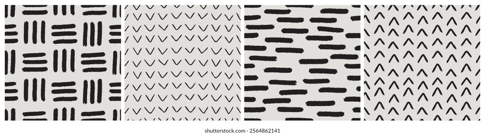 Abstract brush painting pattern seamless stroke set. Black and white modern paint line background collection monochrome. wallpaper print messy rough hand drawn texture collection. Vector illustration