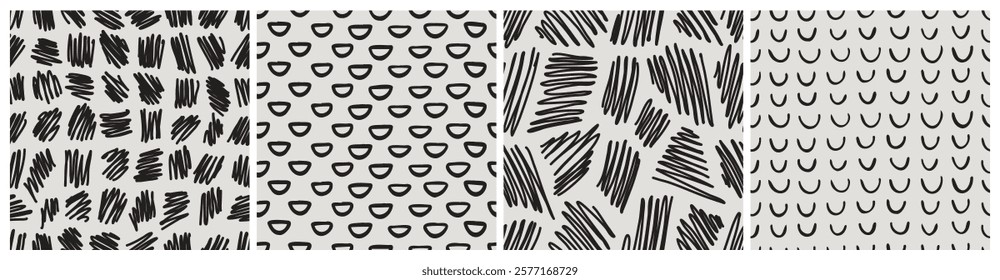 Abstract brush painting pattern seamless stroke set. Black and white modern paint line background collection monochrome. wallpaper print messy rough hand drawn texture collection. Vector illustration