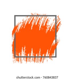 Abstract brush sroke orange texture and gray geometric frame. Isolated strokes with dry rough edges. Flat design. Vector illustration EPS10.