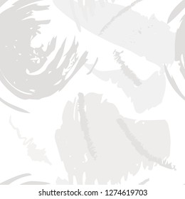 Abstract brush storkes, splatters and crayon marks background. Vector seamless creative pattern with hand painted shapes in neutral light colors.