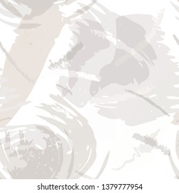Abstract brush storkes, splatters and crayon marks background. Vector seamless creative pattern with hand painted shapes in neutral light colors.