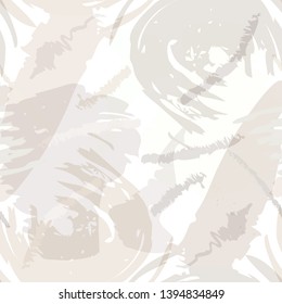 Abstract brush storkes, splatters and crayon marks background. Vector seamless creative pattern with hand painted shapes in neutral light colors.