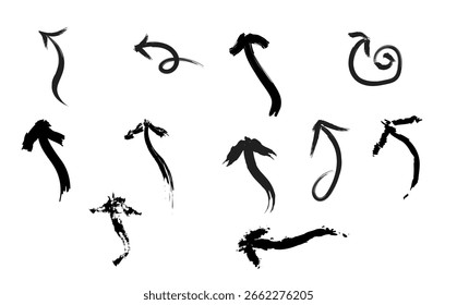 Abstrakte Pinselstrichpfeile gesetzt - künstlerische Tintenpinsel Stil schwarze Pfeile Kollektion mit farbigen, strukturierten, rauen und kreativen handgemalten Look, ideal für Grafikdesign und moderne Visuals

