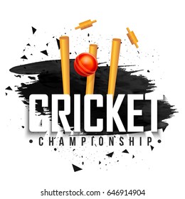 Abstract brush stroke background with Red Ball hitting Wicket Stumps for Cricket Championship concept.