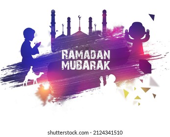 Abstract Brush Stroke Background With Silhouette Muslim People Praying, Camel And Mosque For Ramadan Mubarak Concept.