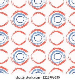Abstract Brush Stroke Circles Seamless Vector Pattern, Polka Dots Hand Painted Illustration for Trendy Home Decor, Summer Fashion Prints, Wallpaper, Red Blue Beach Textile. Kids Marine Background. 