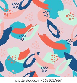 Abstract Brush Stroke and Dot Seamless Pattern Artistic Background Design, An artistic seamless pattern featuring abstract brush strokes and scattered dots in various colors on a light background.