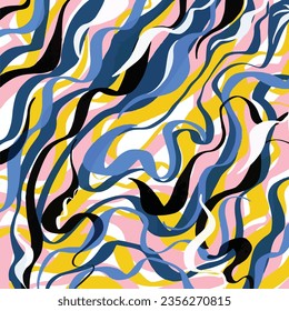 Abstract brush stroke lines with blue, pink, black, yellow, and white colors isolated on square template. Simple flat vector wallpaper for poster cover, website template, social media post.