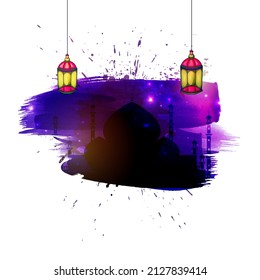 Abstract Brush Stroke Mosque And Hanging Lanterns On White Background For Islamic Festival Concept.