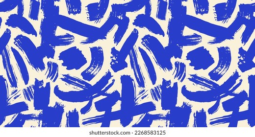 Abstract brush stroke painting seamless pattern illustration. Modern paint line background in blue color. Messy graffiti sketch wallpaper print, rough hand drawn texture.