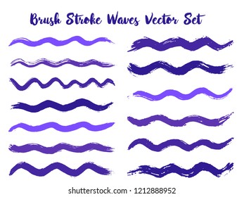 Abstract brush stroke waves vector set. Hand drawn indigo blue brushstrokes, ink splashes, watercolor splats, hand painted curls. Interior colors guide book elements. Wavy stripes vector set.