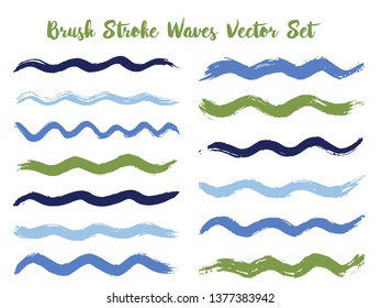 Abstract brush stroke waves vector set. Hand drawn green blue brushstrokes, ink splashes, watercolor splats, hand painted curls. Interior paint color palette elements. Textured waves, stripes design.