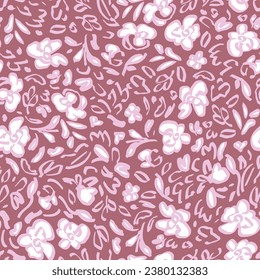 Abstract, brush stroked flowers with leaves seamless repeat pattern. Random placed, vector botany all over surface print on pink background.