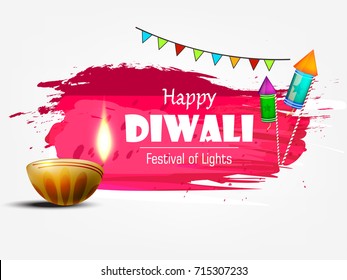 Abstract brush strokes based greeting card design for Happy Deepavali, Festival of lights celebration on decorative background with Traditional abstract diya / burning lamp with Happy Diwali Text