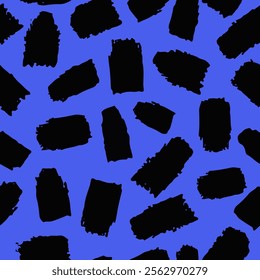 Abstract Brush Strokes Seamless Pattern. Modern Hand Drawn Texture. Black Ornament on Blue Background. 