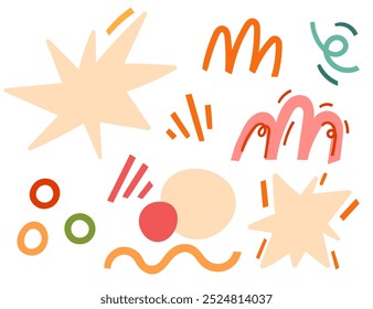 Abstract brush strokes and splashes in warm tones, perfect for creative backgrounds, art projects, or modern designs. Drawing of various shapes and lines. Vector illustration isolated on white.