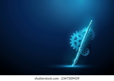 Abstract brush tool with gears. Low poly style design. AI image generation tool concept. Abstract geometric background. Wireframe light connection structure. Modern 3d graphic concept. Vector.