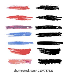 Abstract brush track silhouette. Set of Grunge brushes in black and red colors on white background. Grungy trace. 