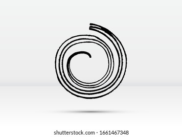 Abstract brushed black ink spiral with rough edges and grungy texture. Dark inky concentric circle