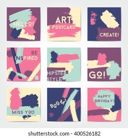 Abstract brushed hipster postcards, art vector design templates in bright colors