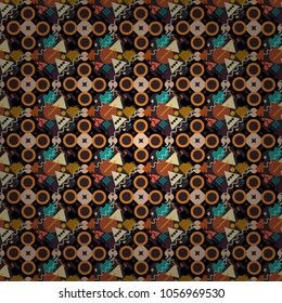 Abstract brushed squares textured background. Vector seamless pattern in black, brown and orange colors.