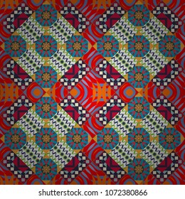 Abstract brushed squares textured background. Vector seamless pattern in blue, red and gray colors.