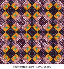 Abstract brushed squares textured background. Vector seamless pattern in yellow, purple and brown colors.