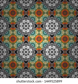 Abstract brushed squares textured background. Vector seamless pattern in blue, gray and orange colors.