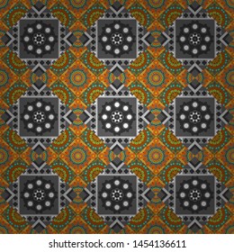 Abstract brushed squares textured background. Vector seamless pattern in gray, blue and orange colors.