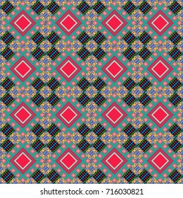 Abstract brushed squares textured background. Vector seamless pattern in black, green and red colors.