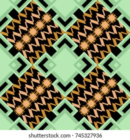 Abstract brushed squares textured background. Vector seamless pattern in black, yellow and green colors.
