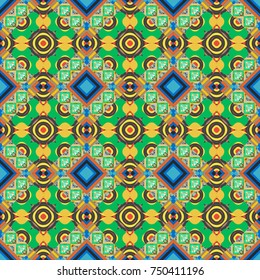 Abstract brushed squares textured background. Vector seamless pattern in green, gray and yellow colors.