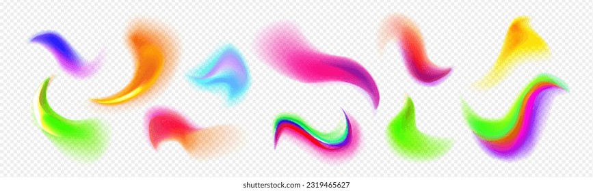Pinceles abstractos con colores de gradiente borrosos. Manchas fluidas, salpicaduras suaves con efecto camaleón. Colores de neón brillantes ondas aisladas en fondo transparente, ilustración vectorial realista