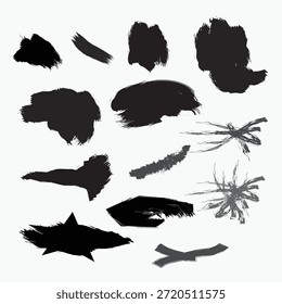 Abstract Brushstroke Texture Set, Black Ink Shapes on White, Scribbles, Smears, Stars, Graphic Design Elements, Artistic Pattern Pack