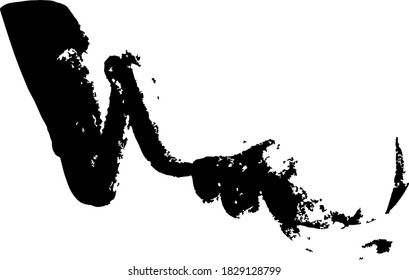 Abstract brushstroke vector ink line in grunge style with variable thickness and spots on a white background.