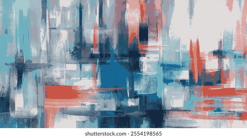 Abstract brushstrokes, intersecting cool blues, vibrant reds, and soft whites. Layering evokes movement, harmony, urban-inspired atmosphere. Energetic strokes and intersecting lines create depth