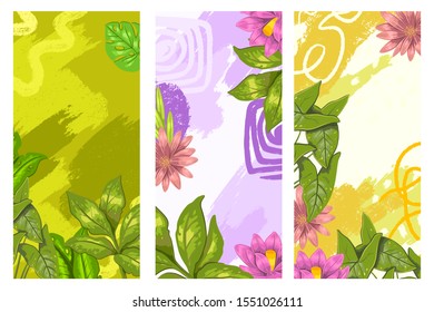 Abstract brushstrokes and scribbles background. Colorful tropical texture for social media projects and stories. Concepts floral set with leaves and flowers. 