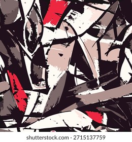 Abstract brushstrokes and shapes repeat on beige textile surface with contrast