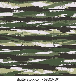 Abstract brushstrokes textured irregular striped camouflage motif. Seamless pattern.