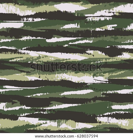 Abstract brushstrokes textured irregular striped camouflage motif. Seamless pattern.