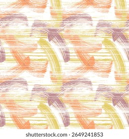 Abstract brushstrokes in various shades of peach, muted orange,  and mauve, with a pale yellow cream background. Horizontal, slightly textured lines that run throughout