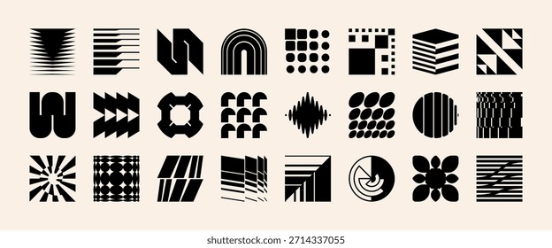 Abstrakte brutale Verzerrung Form Logo-Set. Brutalistisches geometrisches Vektorsymbol-Design mit fetten y2k-Symbolen. Moderne technische Grafikform baut postmoderne Markenidentität auf.