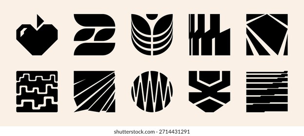 Abstrakte brutale Verzerrung Form Logo-Set. Brutalistisches geometrisches Vektorsymbol-Design mit fetten y2k-Symbolen. Moderne technische Grafikform baut postmoderne Markenidentität mit Cyberästhetik auf.